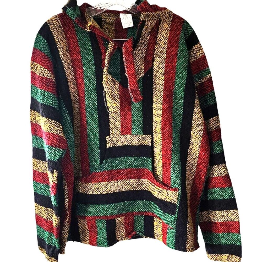 Mexican Baja Woven Hippie Cozy Pullover V-Neck Hooded Pockets Poncho Large